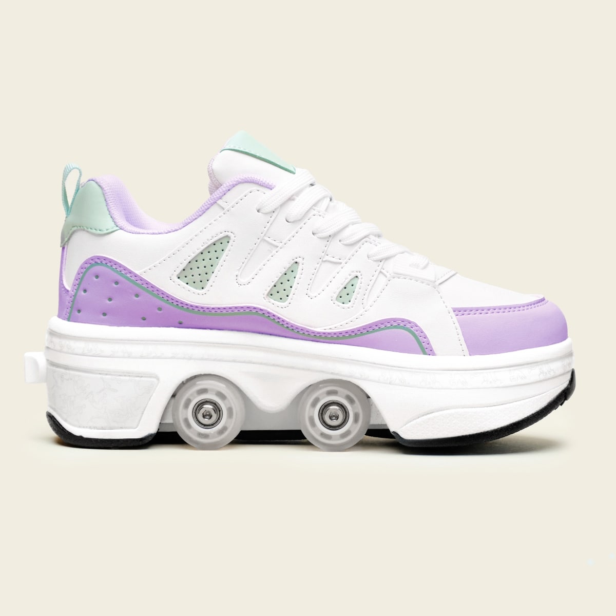White with purple roller shoes