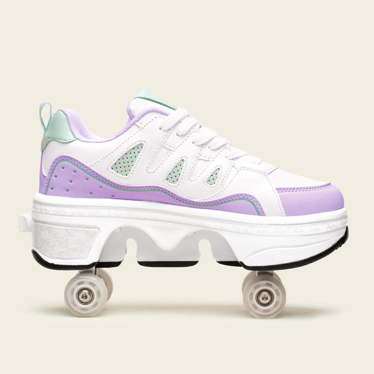 White with purple roller shoes