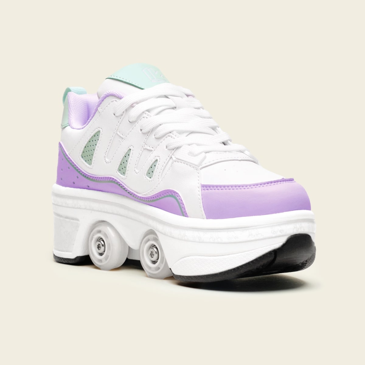 White with purple roller shoes