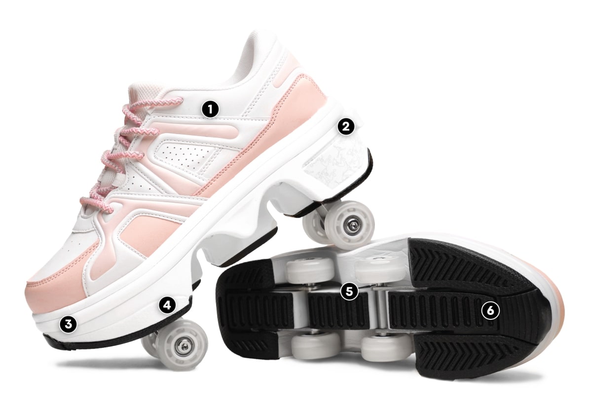 Pair of white and pink roller shoes