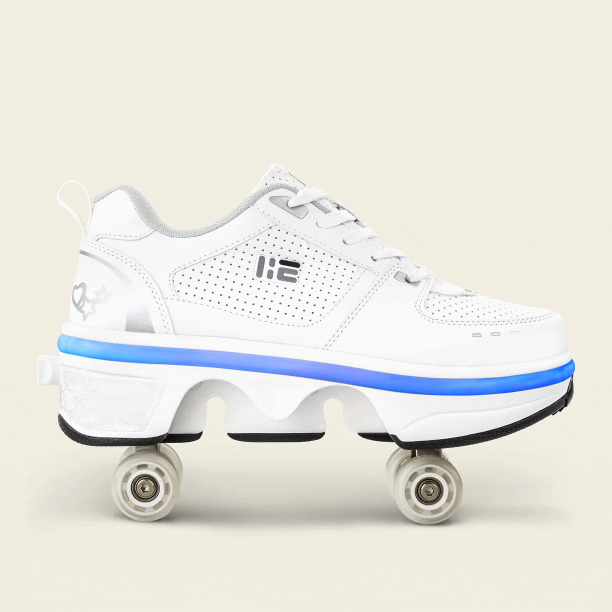 Side view of Liekick Classic II White roller shoe with white perforated upper, multicolor LED midsole, and visible retractable wheels on a cream background.