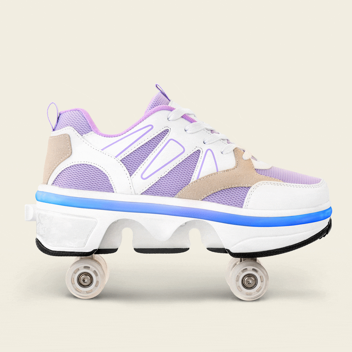 Liekick Starlite Violet LED roller shoe with pastel purple mesh, white leather panels, and suede accents, shown from an angled side view on a neutral background.