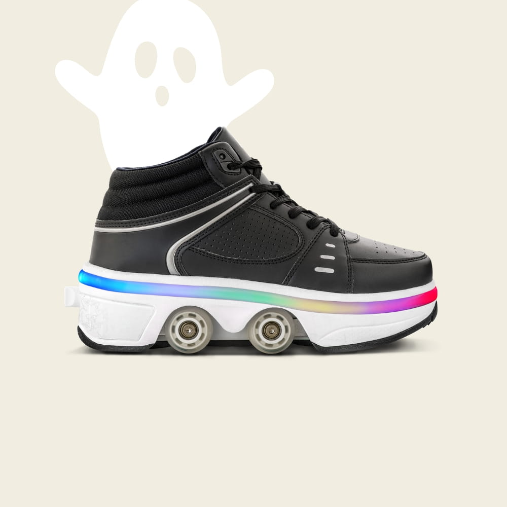 Kids' Astro LED black roller shoes with a Halloween ghost, side view