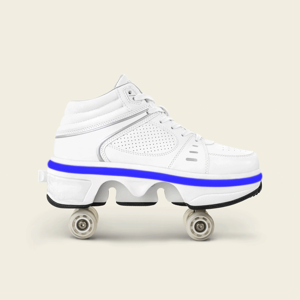 Kids' Astro white roller shoes with wheels out, rolling in the park