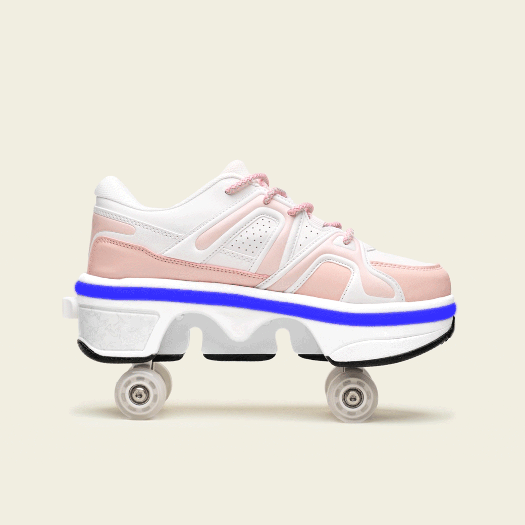 Zapatillas con ruedas Auro rosas para niños con las ruedas fuera, rodando en el parque