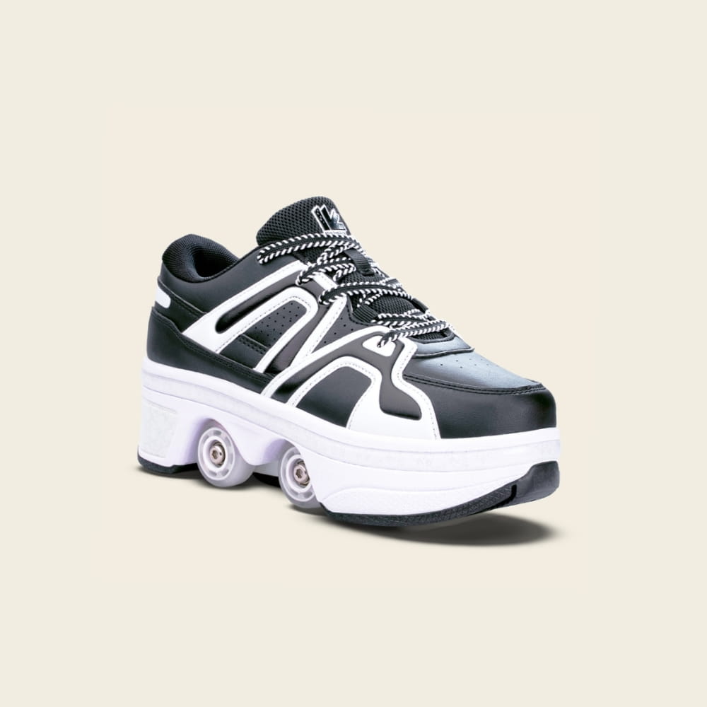 Kids' Auro 2-in-1 roller shoes in black and white, front view