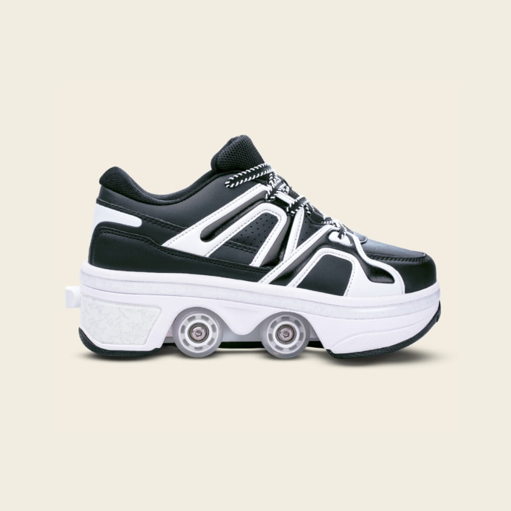 Zapatillas con ruedas Auro panda negro para niños, vista lateral — 2 en 1 para el cole y el parque