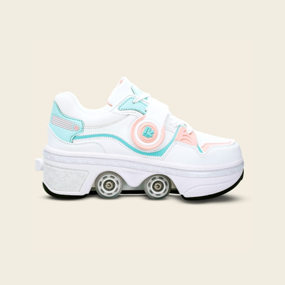 Kids' Ionic peach and mint roller shoes, side view — 2-in-1 for park