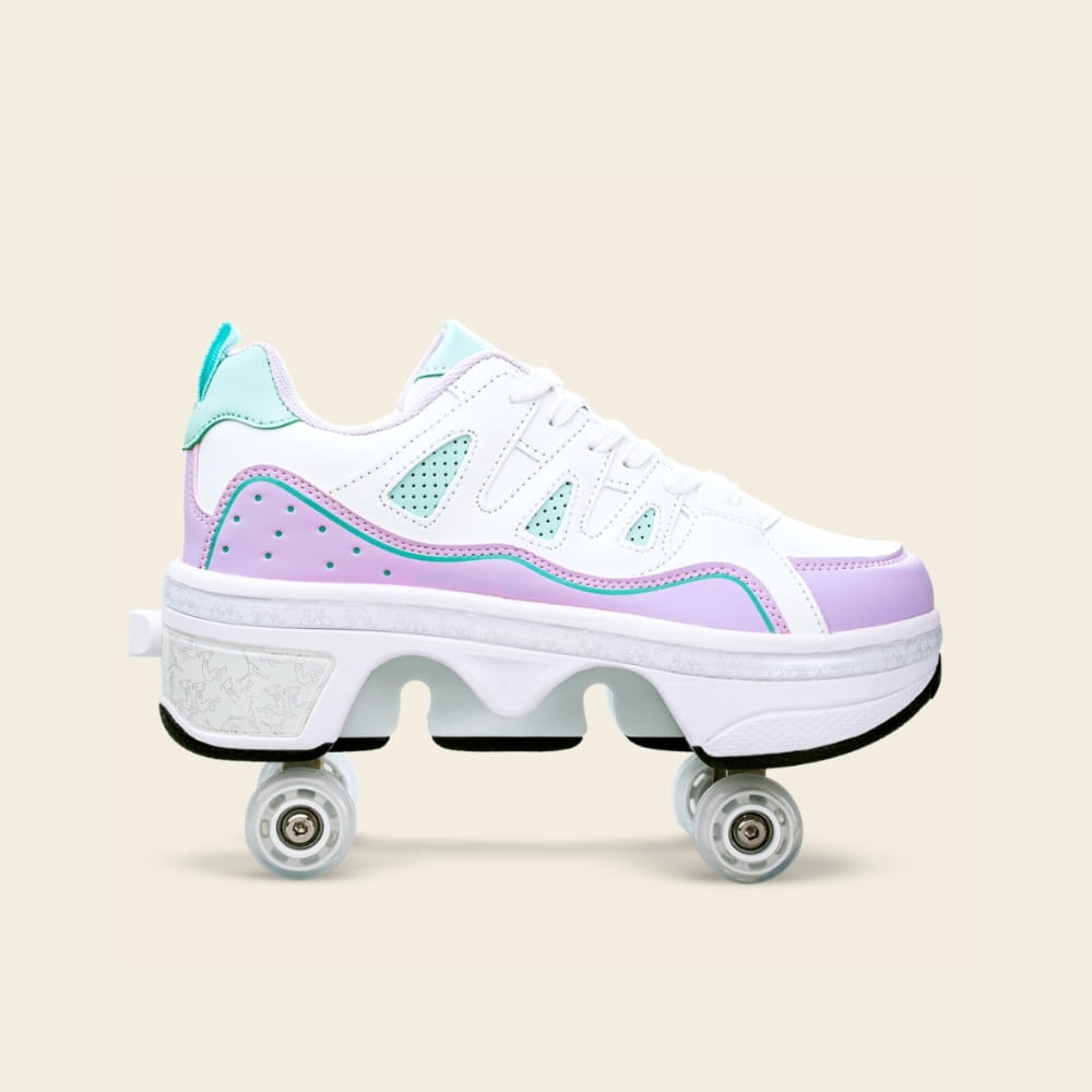 Kids' Lumi roller shoes with wheels out, rolling in the park