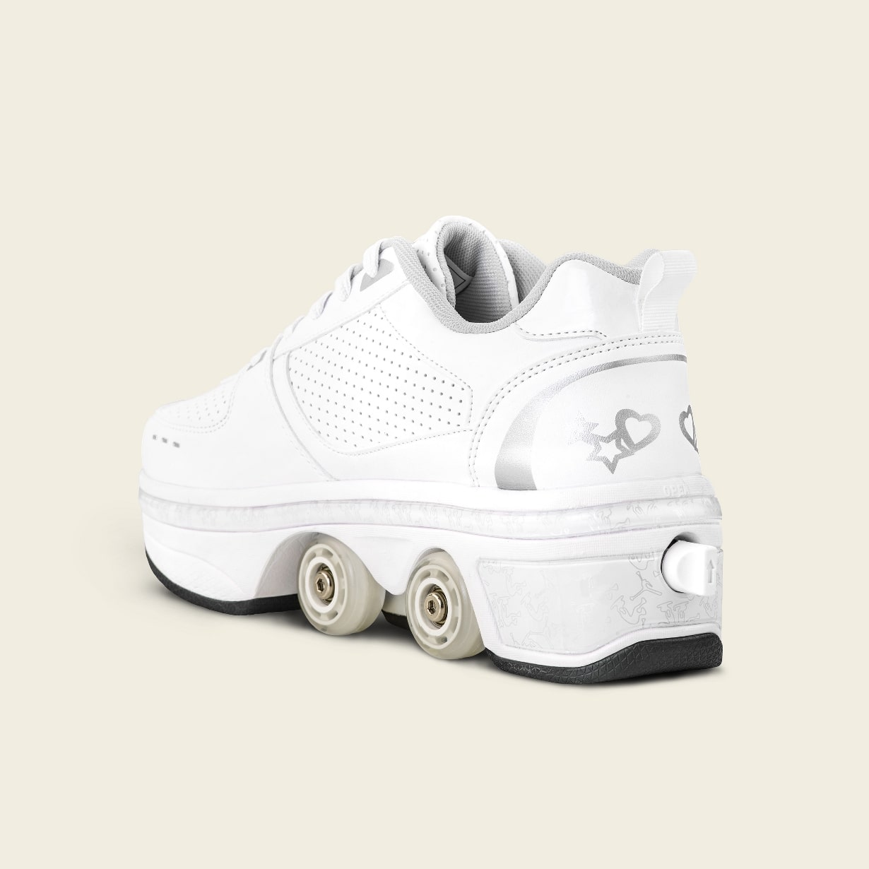 Liekick Classic White roller shoe from a rear angle, displaying the perforated leather design, soft gray lining, and decorative heart pattern on the heel. The retractable roller mechanism with a release button is visible on the textured midsole.