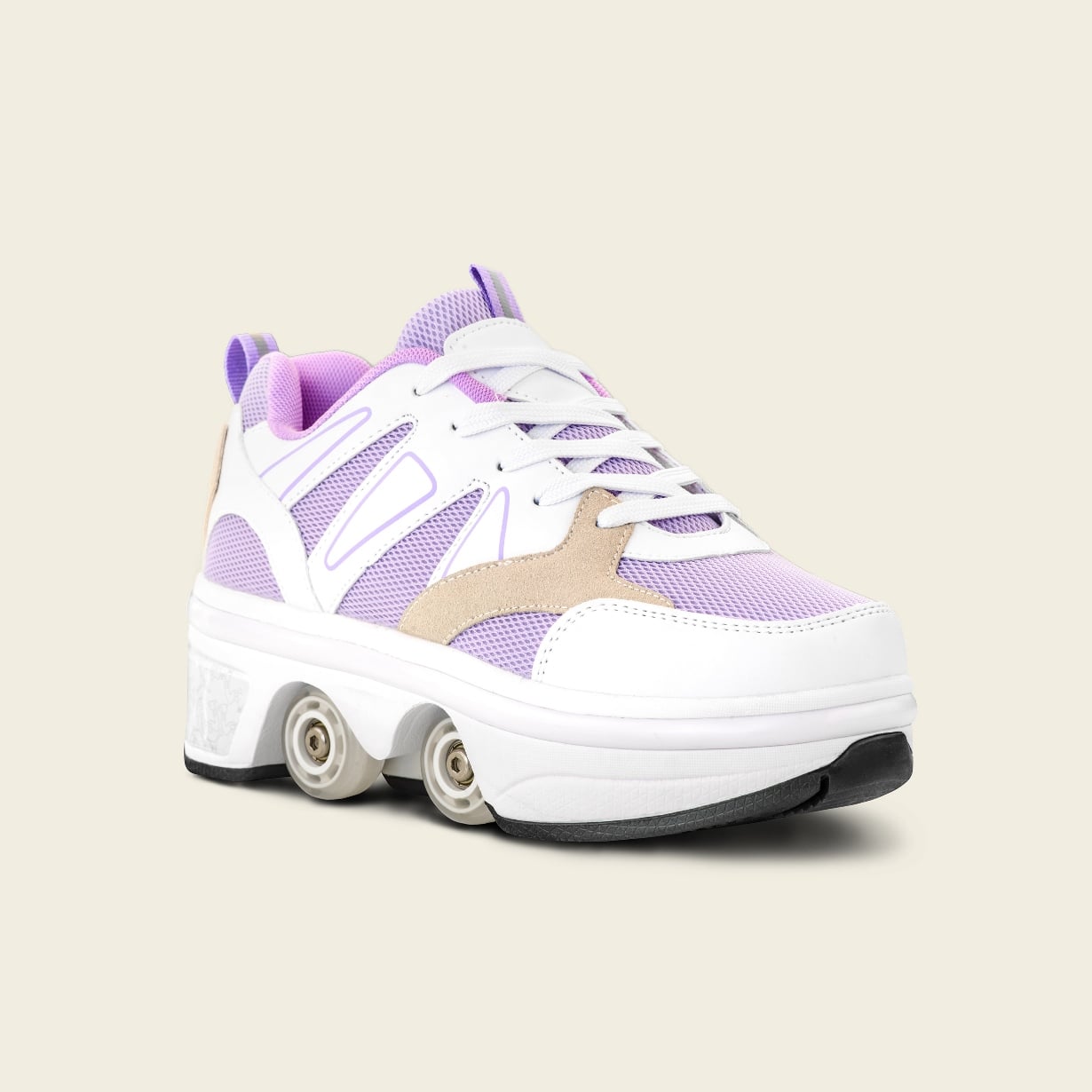 Liekick Starlite Violet roller shoe with pastel purple mesh, white leather panels, and suede accents, shown from an angled side view on a neutral background.