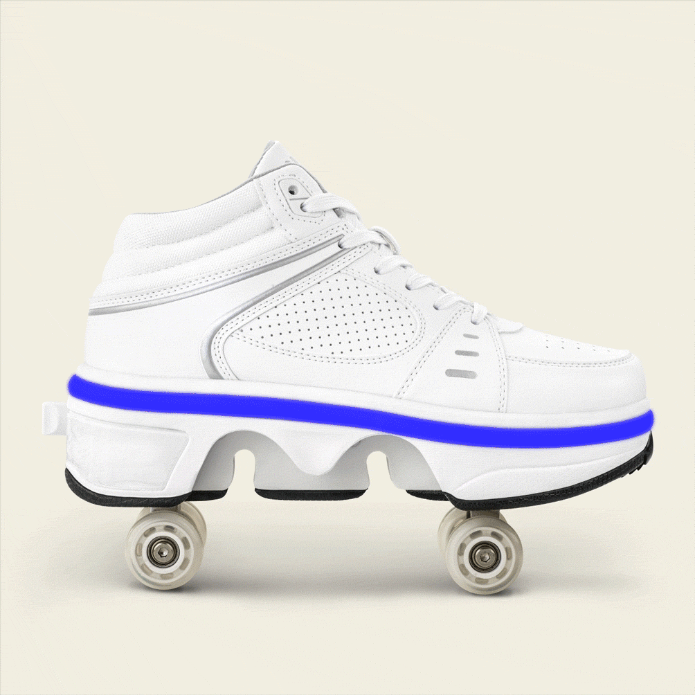 Women's Astro white roller shoes with wheels out for a night roll