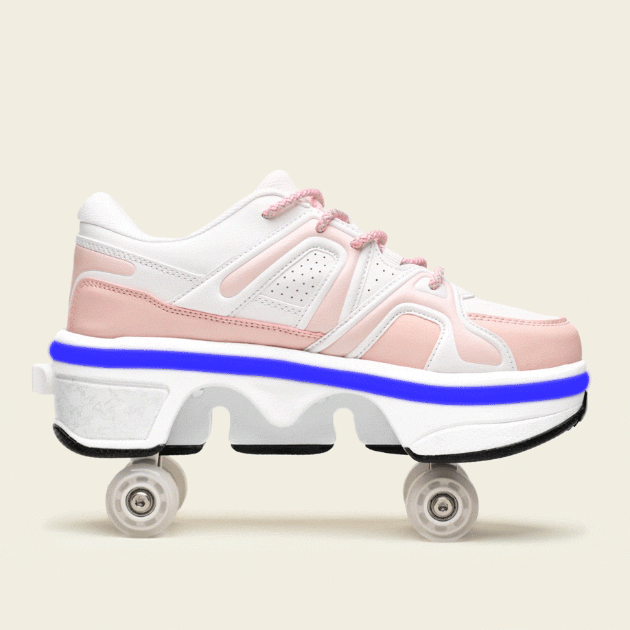 Women's Auro pink roller shoes with wheels out for a night roll