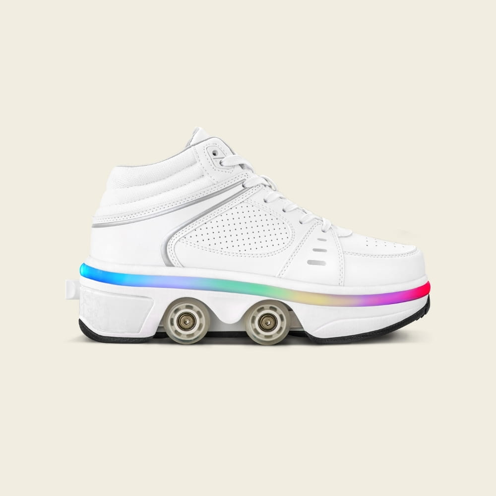 Kids' Astro LED total white roller shoes, side view — light-up 2-in-1 for kids
