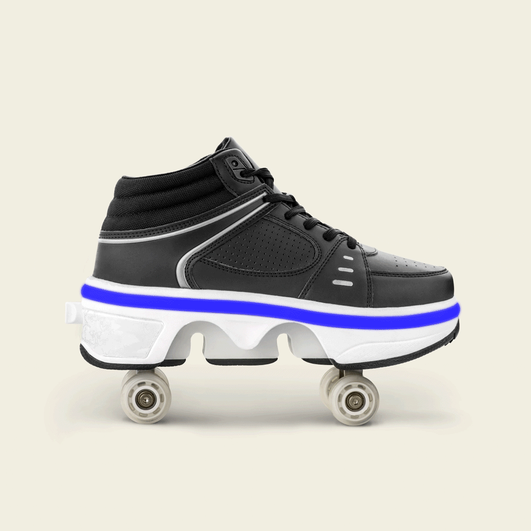 Kids' Astro white roller shoes with wheels out, rolling in the park