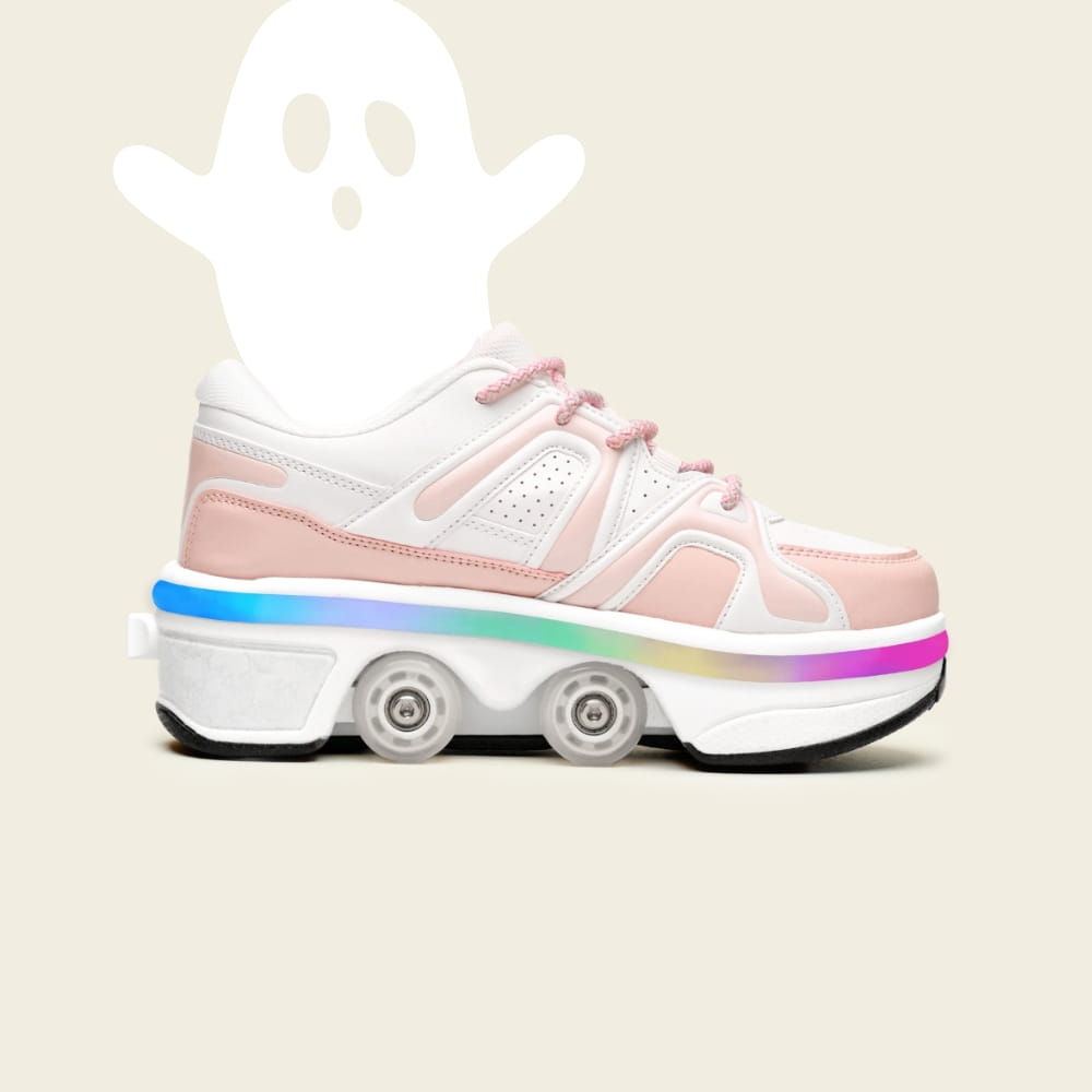 Kids' Auro LED sakura pink roller shoes with a Halloween ghost, side view