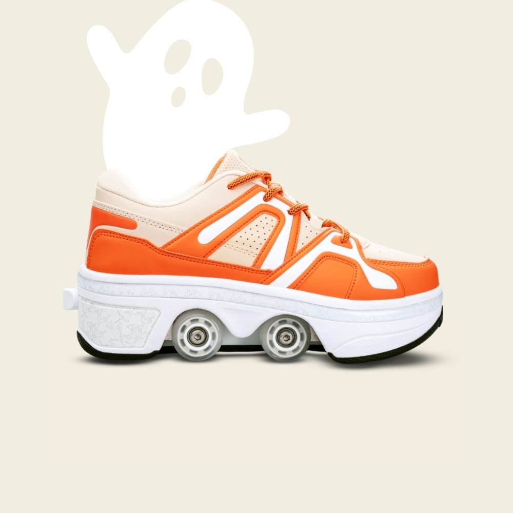 Kids' Auro amber cream roller shoes with a Halloween ghost, side view