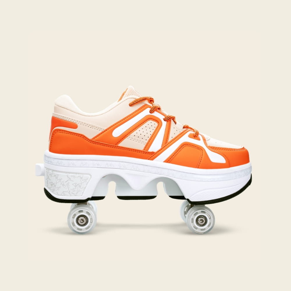 Kids' Auro cream roller shoes with wheels out, rolling in the park