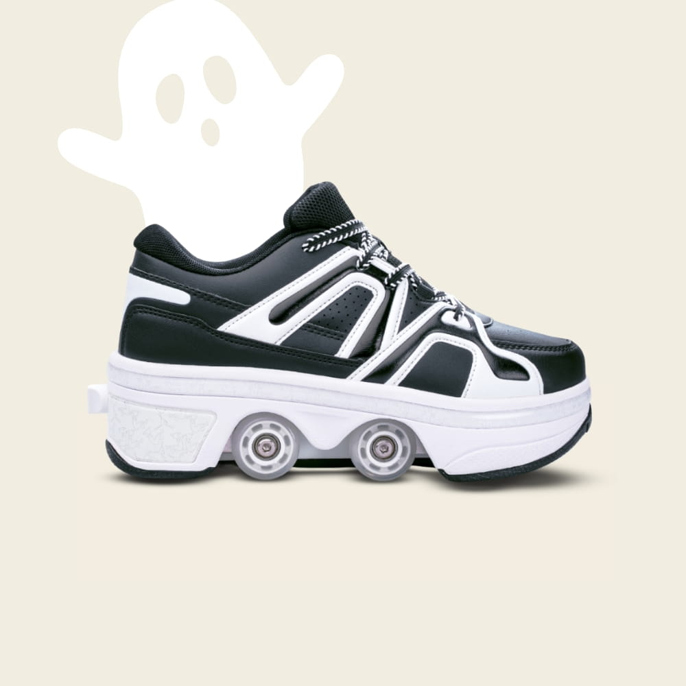 Kids' Auro panda black roller shoes with a Halloween ghost, side view