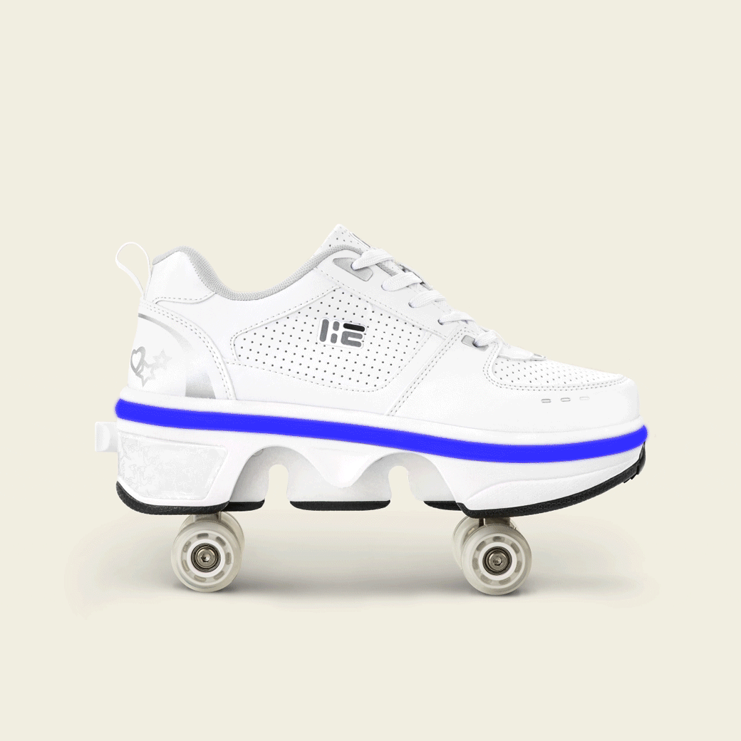 Kids' Classic II roller shoes with wheels out, rolling in the park