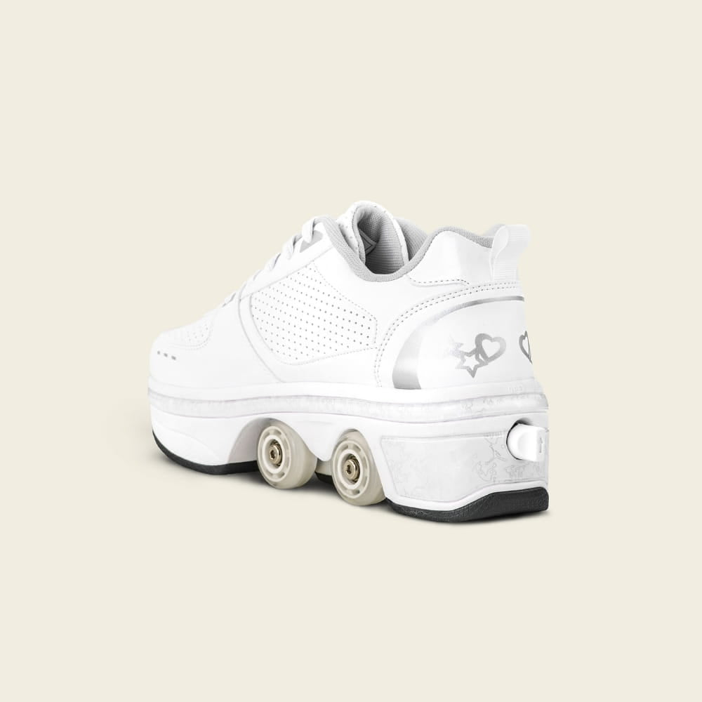 Heel button on Kids' Classic roller shoes, easy one-press switch
