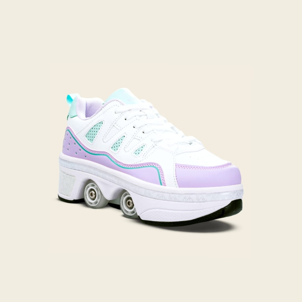 Kids' Lumi 2-in-1 roller shoes in lilac and mint, front view