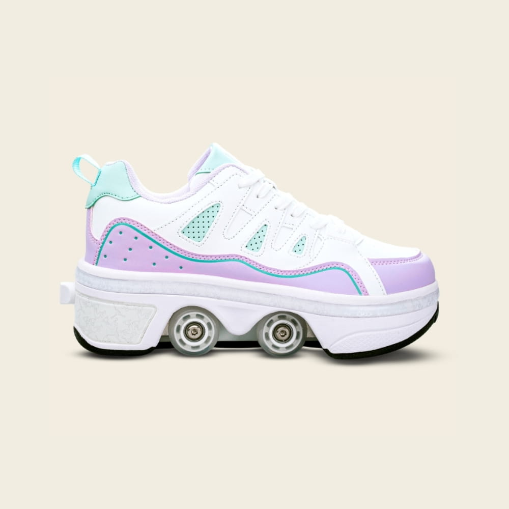 Kids' Lumi lilac and mint roller shoes, side view — 2-in-1 for school and park
