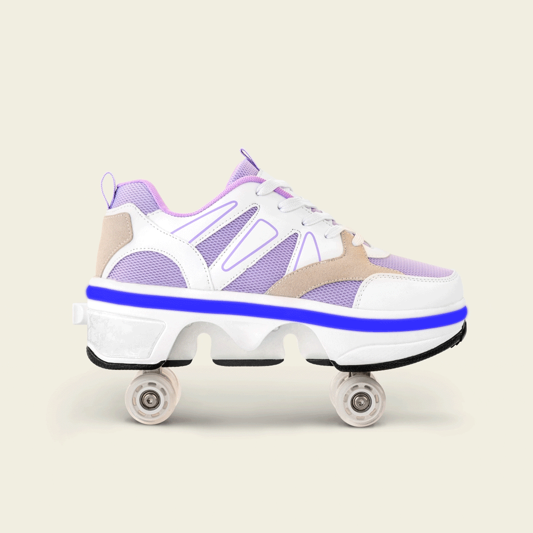 Kids' Starlite roller shoes with wheels out, rolling in the park