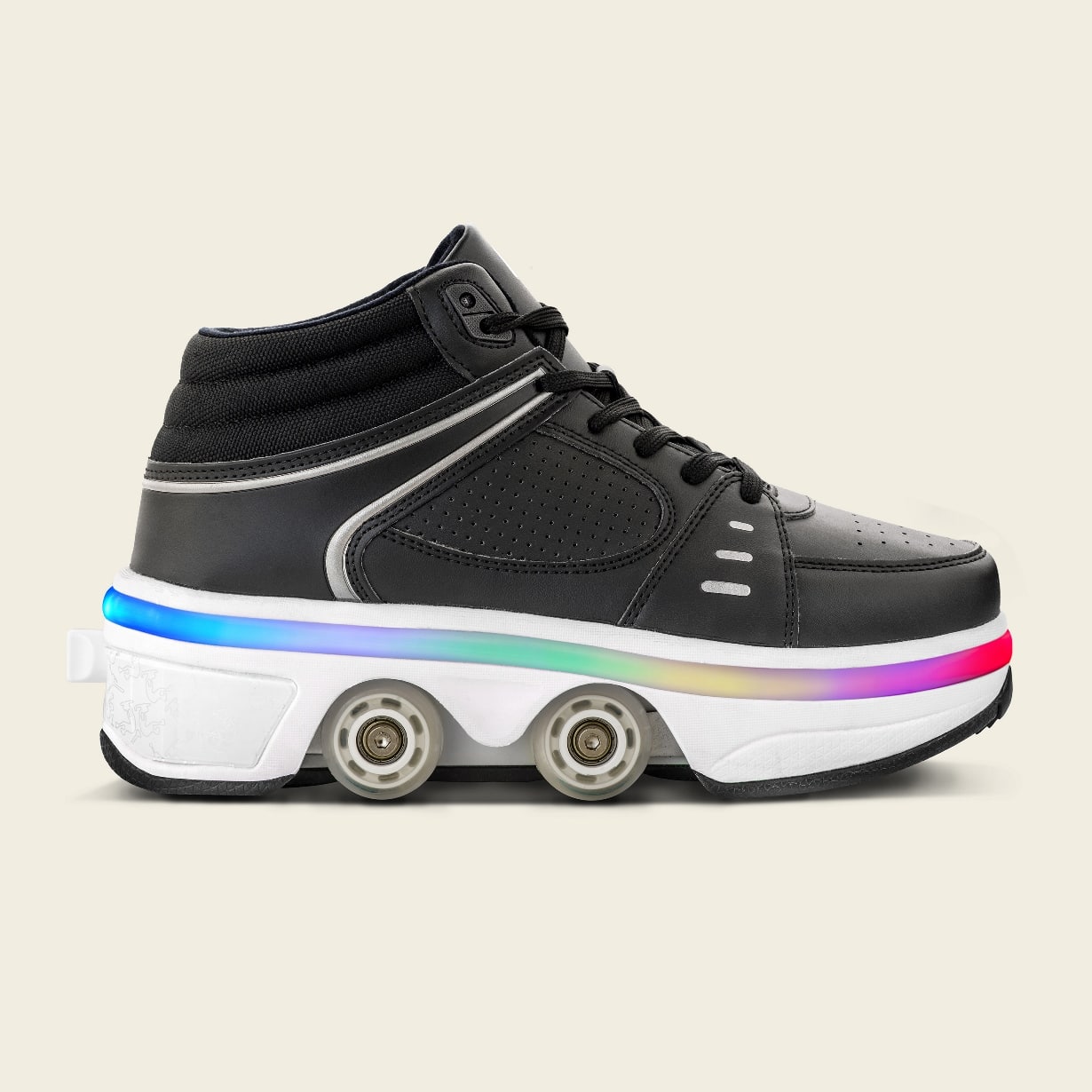 Liekick Astro Black LED roller shoe with black high-top design, perforated panels, and a rainbow LED sole, displayed on a neutral background.