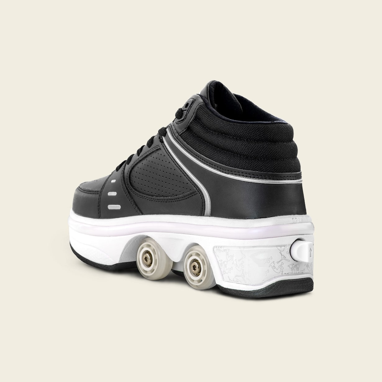 Liekick Astro Black roller shoe shown from a rear angle, highlighting the black high-top design, padded collar, silver accents, and retractable wheels on a neutral background.