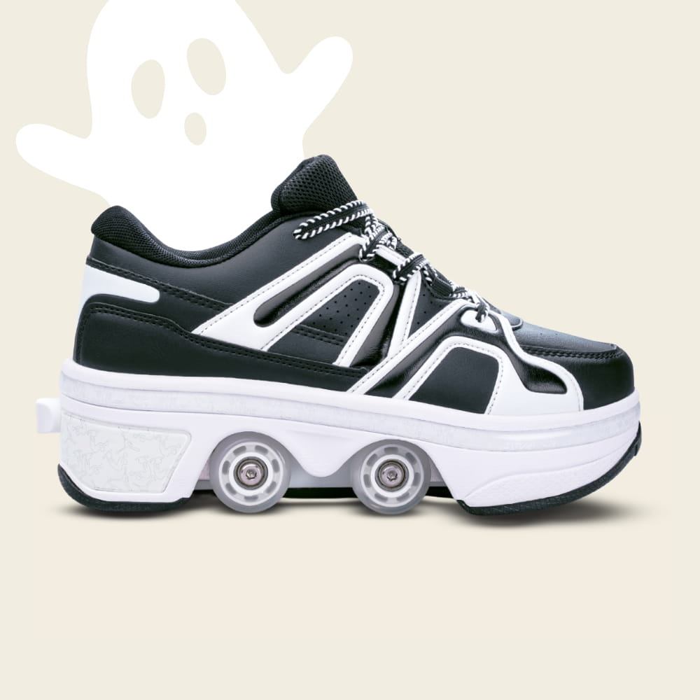Men's Auro panda black roller shoes with a Halloween ghost, side view