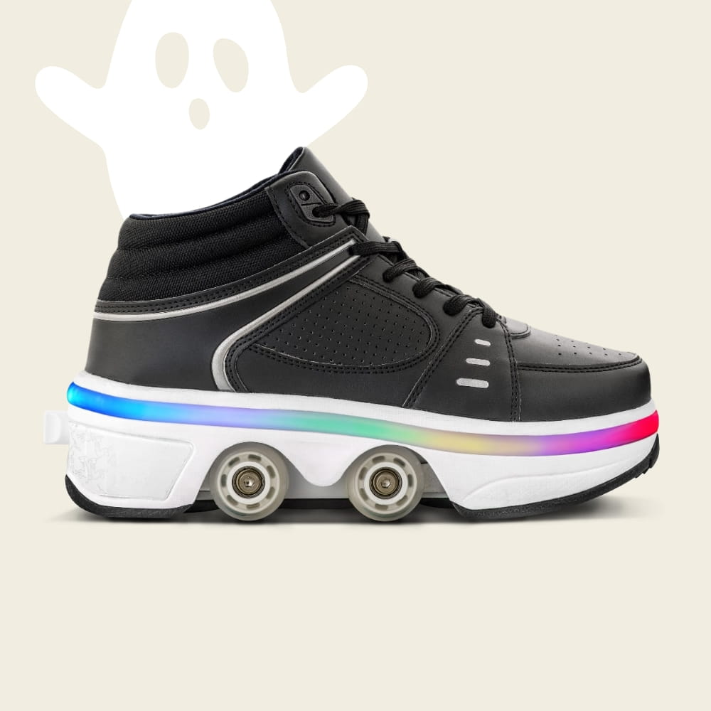 Astro LED Schuhe mit Rollen für Damen in Schwarz-Weiß mit Halloween-Geist, Seitenansicht
