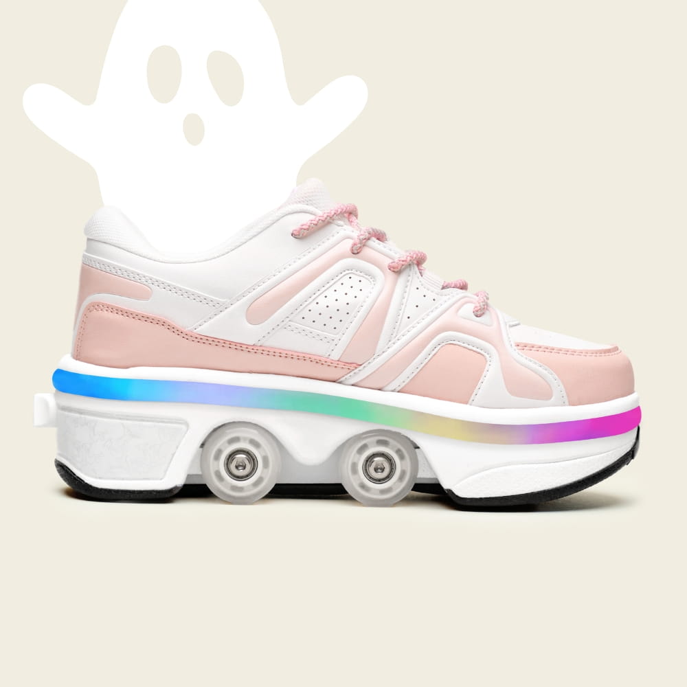 Women's Auro LED sakura pink roller shoes with a Halloween ghost, side view
