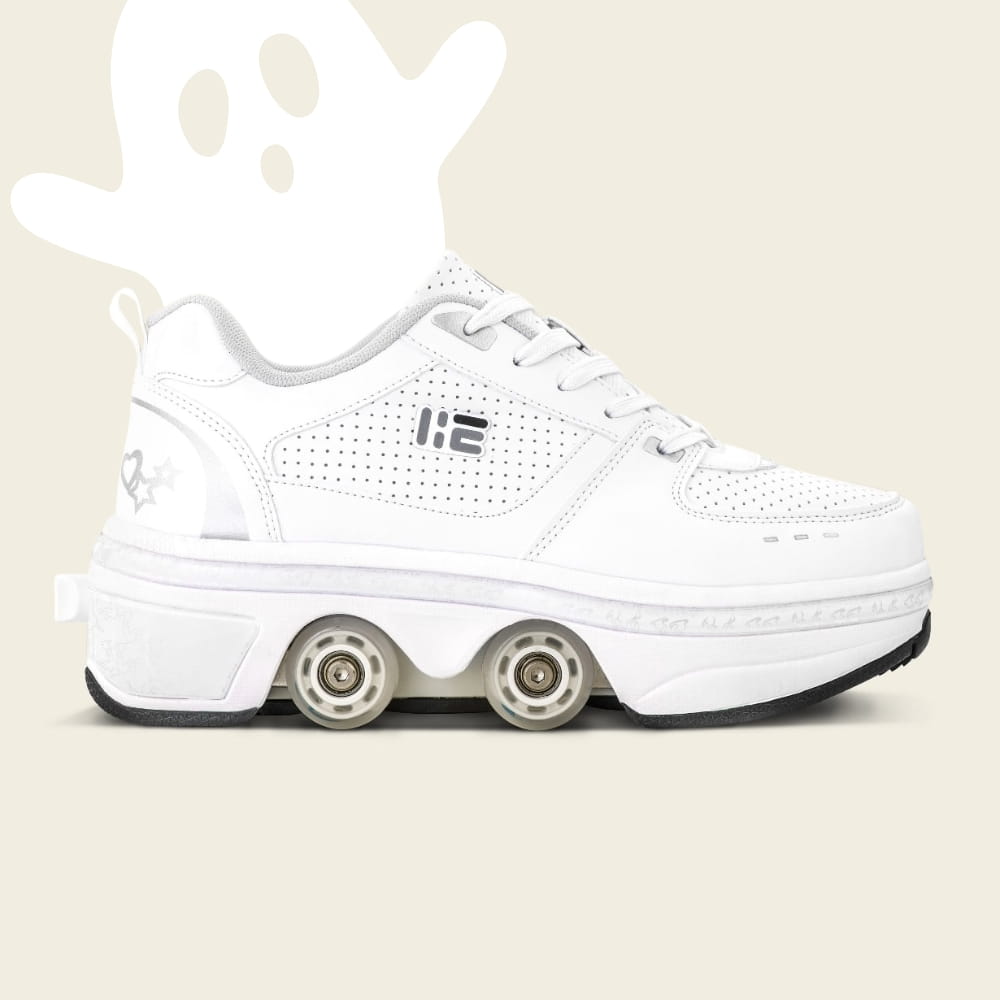 Women's Classic white roller shoes with a Halloween ghost, side view