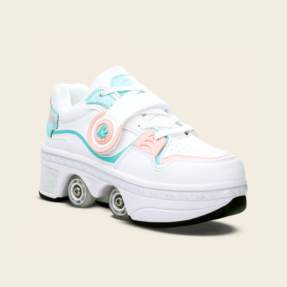 Women's Ionic 2-in-1 roller shoes in peach and mint, front view