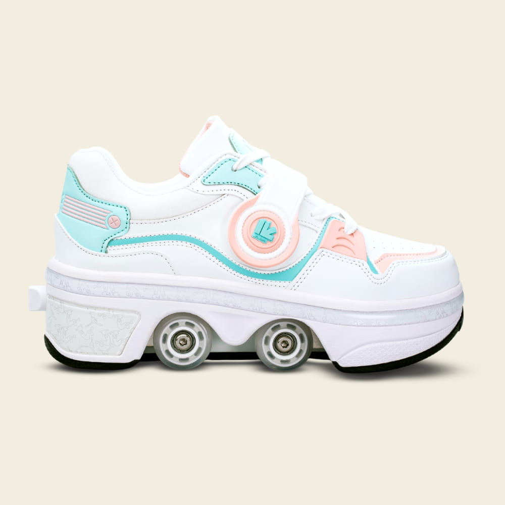 Women's Ionic peach and mint roller shoes, side view — everyday 2-in-1 sneakers